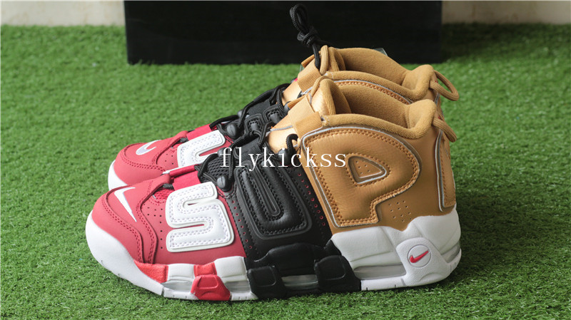 2018 New Supreme x Nike Air More Uptempo Tri-Color Black Red Gold